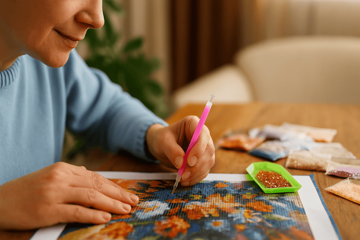 Person beim Diamond Painting – kreative Achtsamkeit zur Stressbewältigung