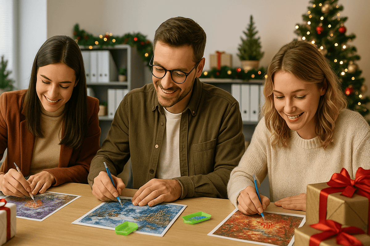 Kreativer Workshop mit Diamond Painting im Unternehmen – Kolleg:innen gestalten gemeinsam ein farbenfrohes Kunstwerk