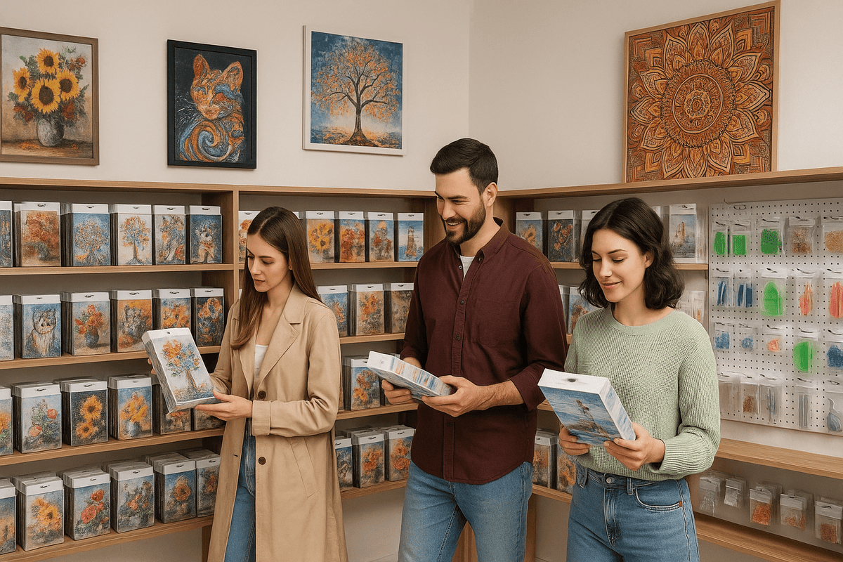 Drei Kunden im Diamond Painting Shop betrachten funkelnde Motive und Zubehör in einem modern gestalteten Ladenlokal