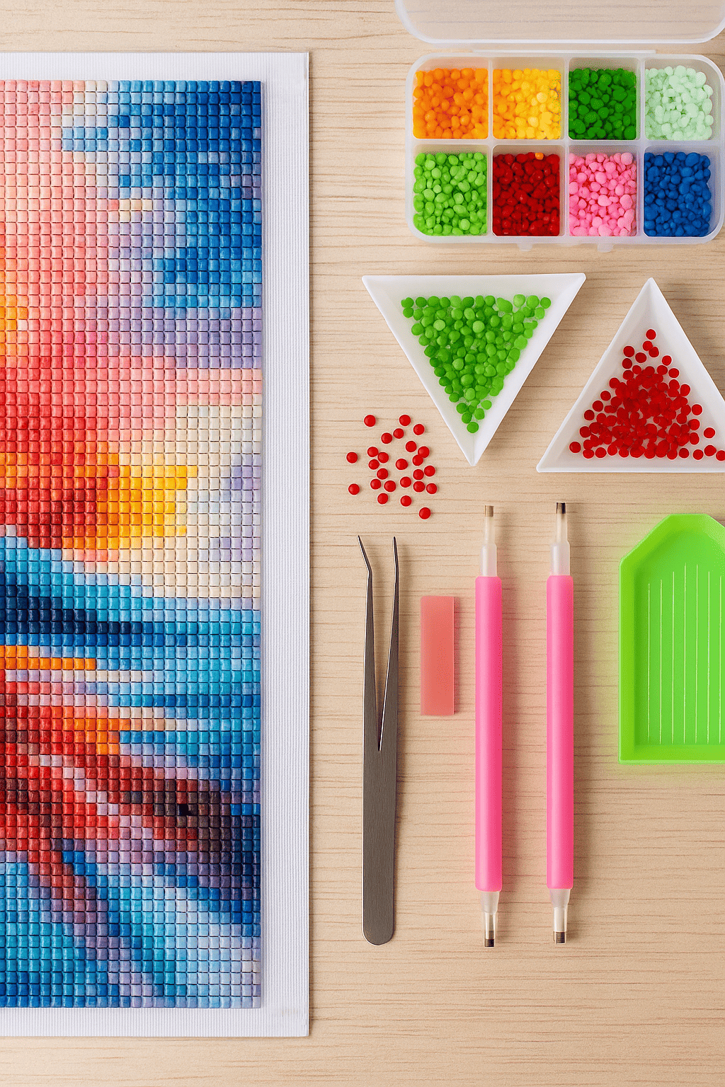 Diamond Painting Zubehör: verschiedene Werkzeuge, Sortierschalen und bunte Steinchen ordentlich auf einem Tisch arrangiert