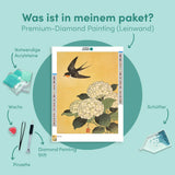 Diamond Painting Schwalbe über weißen Hortensien Japan