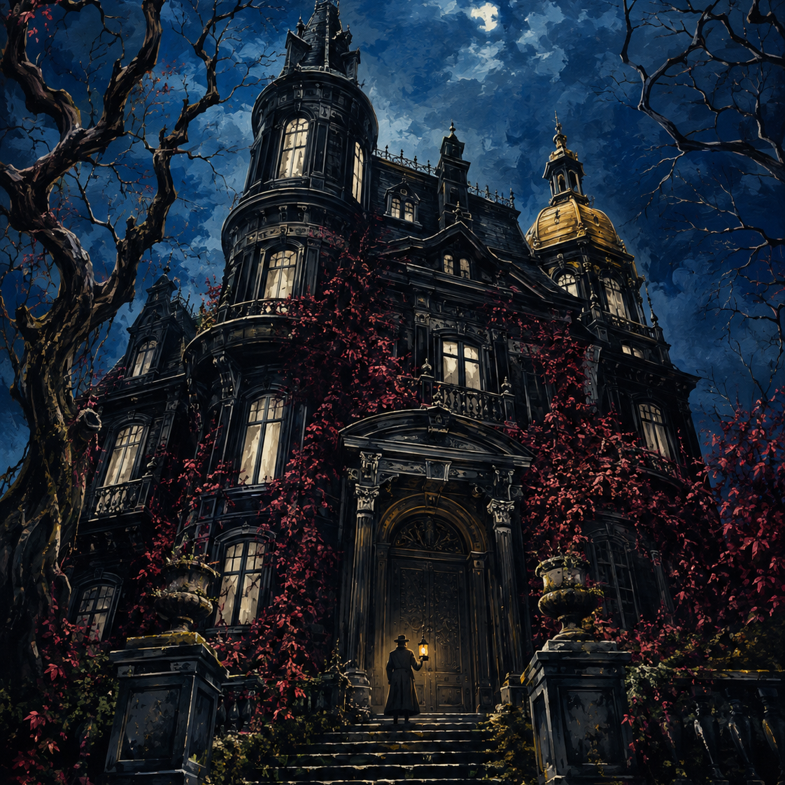 Malen nach Zahlen Das Geheimnis des schwarzen Herrenhauses – Halloween-Motiv