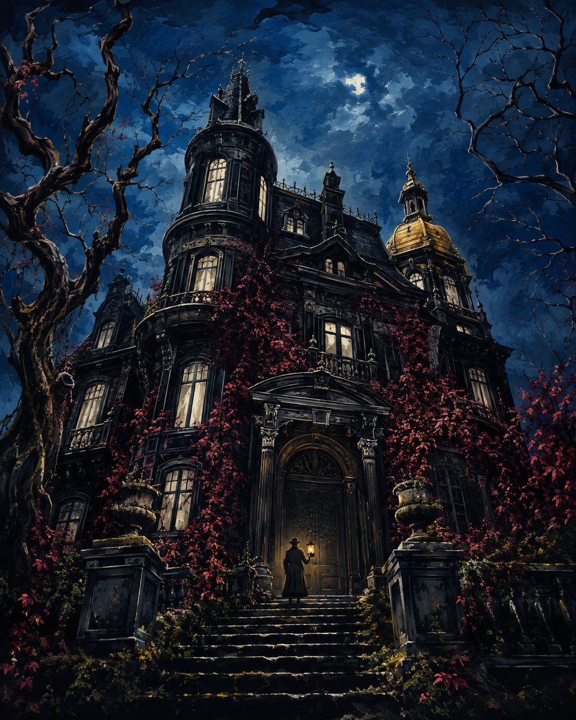 Malen nach Zahlen Das Geheimnis des schwarzen Herrenhauses – Halloween-Motiv