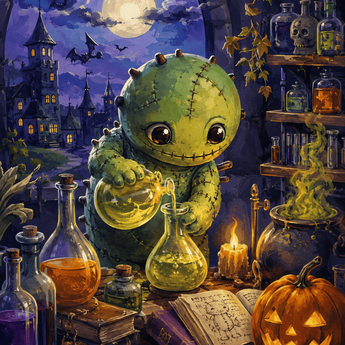 Malen nach Zahlen Das grüne Laborwesen – Halloween-Motiv