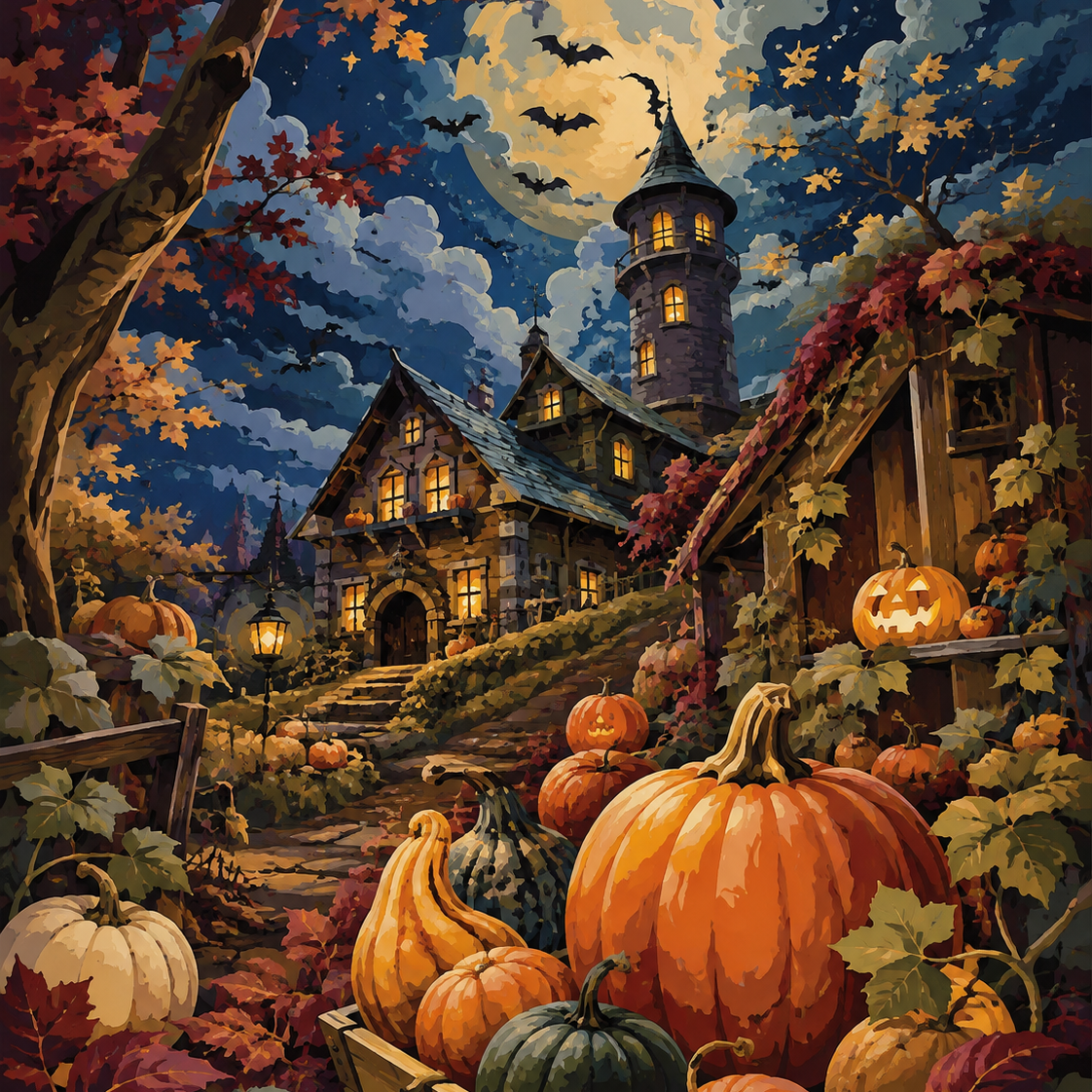 Malen nach Zahlen Der bunte Kürbishof – Halloween-Motiv