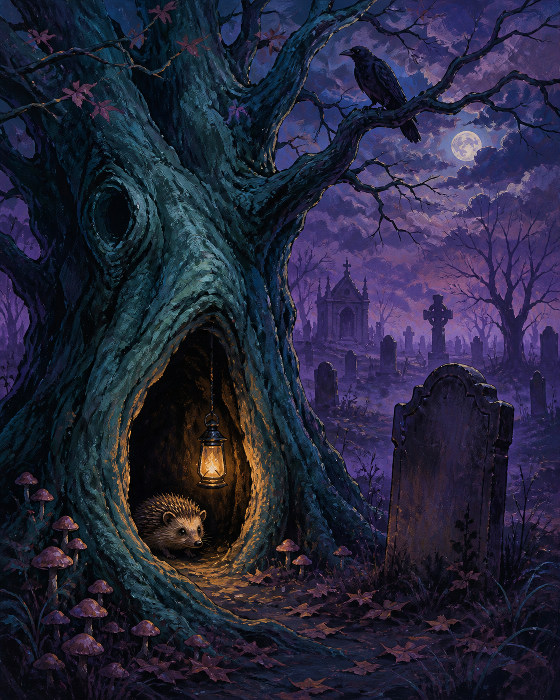 Malen nach Zahlen Der hohle Baum am Friedhof – Halloween-Motiv
