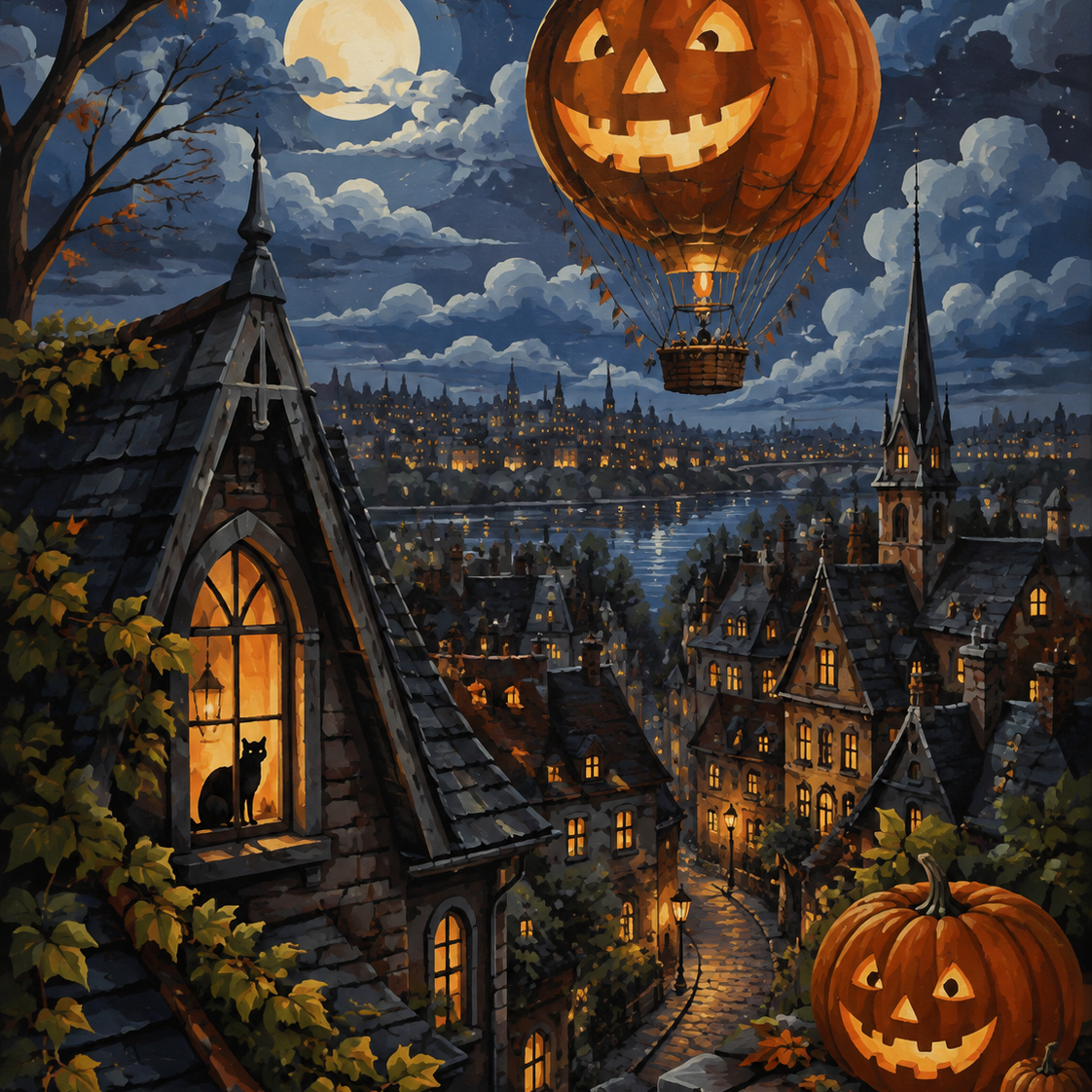 Malen nach Zahlen Der Kürbisballon über der Nachtstadt – Halloween-Motiv
