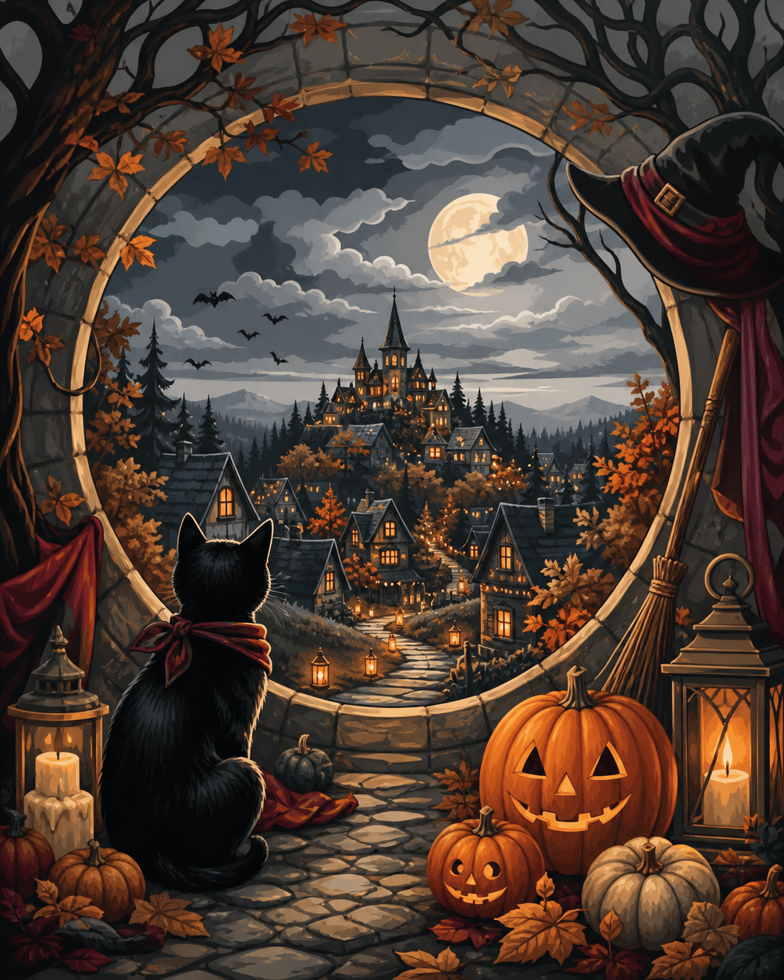 Malen nach Zahlen Der Weg zum Lichterdorf – Halloween-Motiv