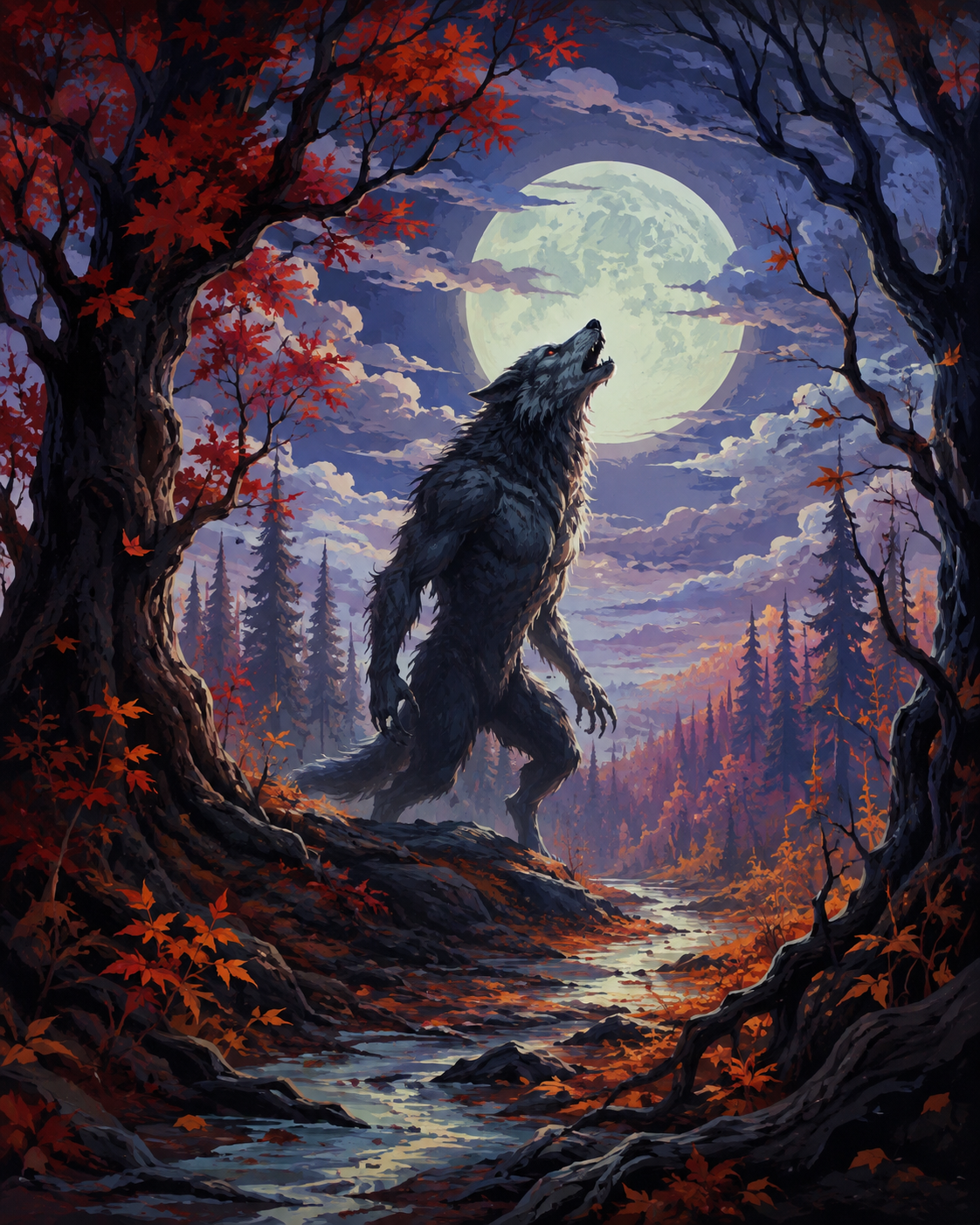 Malen nach Zahlen Der Werwolf im roten Wald – Halloween-Motiv