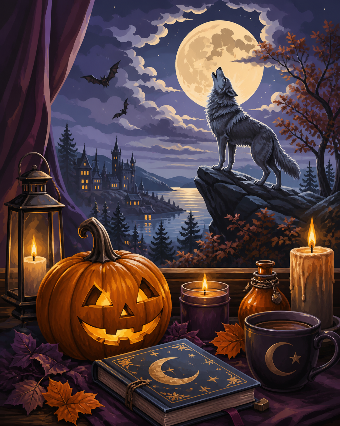 Malen nach Zahlen Der Wolf erwacht im Mondschein – Halloween-Motiv