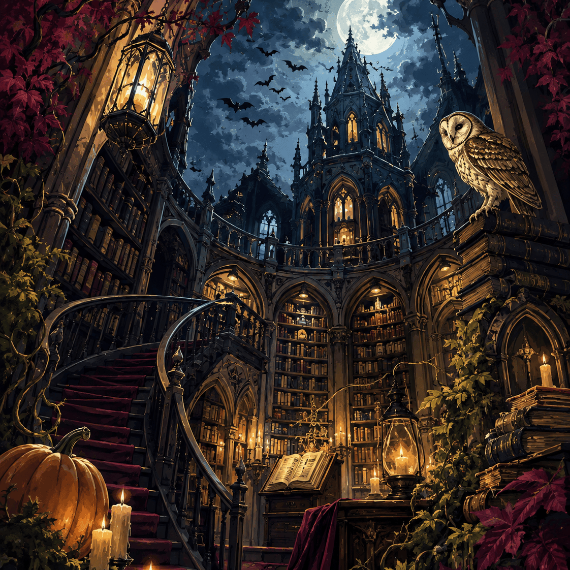 Malen nach Zahlen Die Bibliothek der flüsternden Bücher – Halloween-Motiv