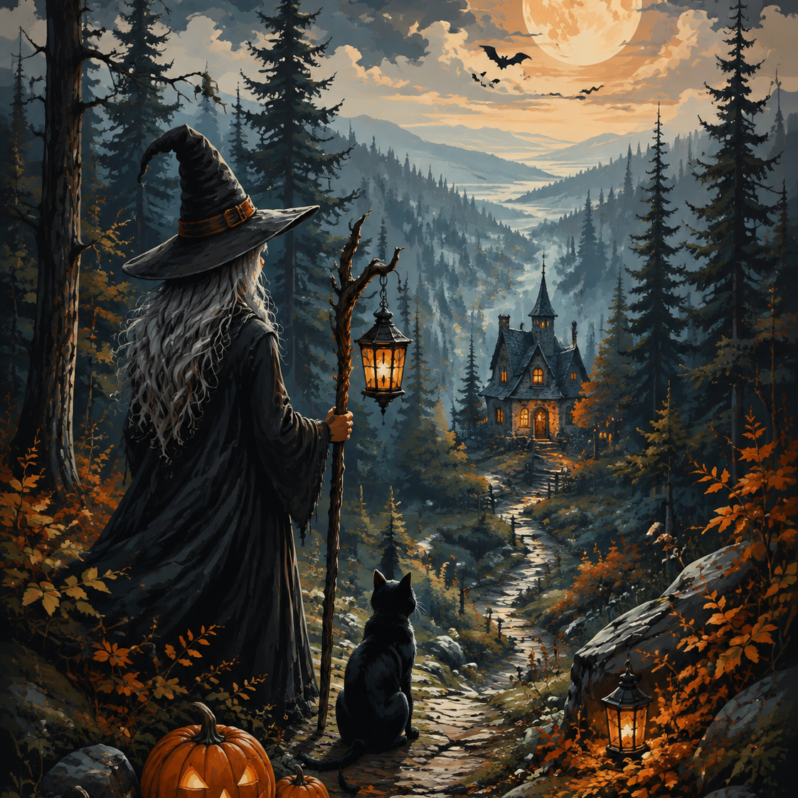 Malen nach Zahlen Die Hexe aus dem Tannenwald – Halloween-Motiv