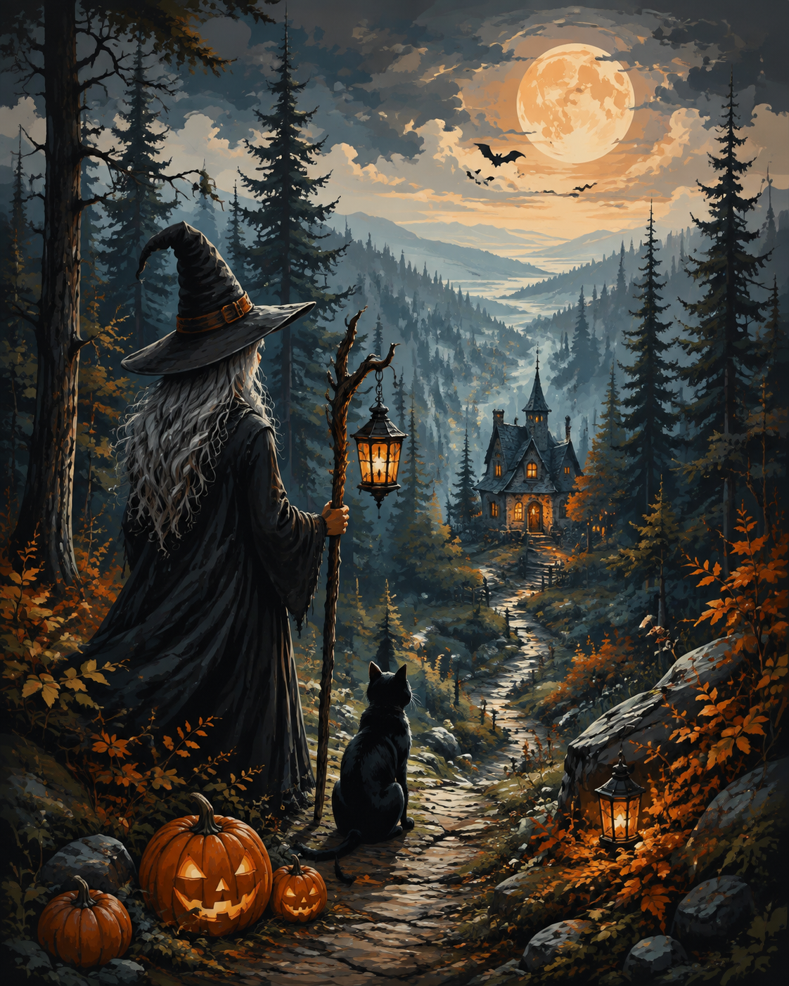 Malen nach Zahlen Die Hexe aus dem Tannenwald – Halloween-Motiv