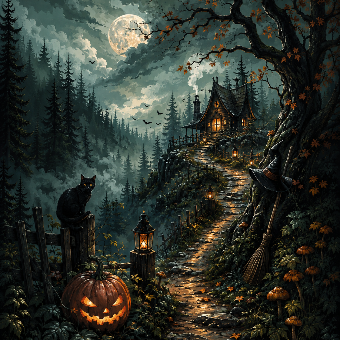 Malen nach Zahlen Die Hütte am Hexenpfad – Halloween-Motiv