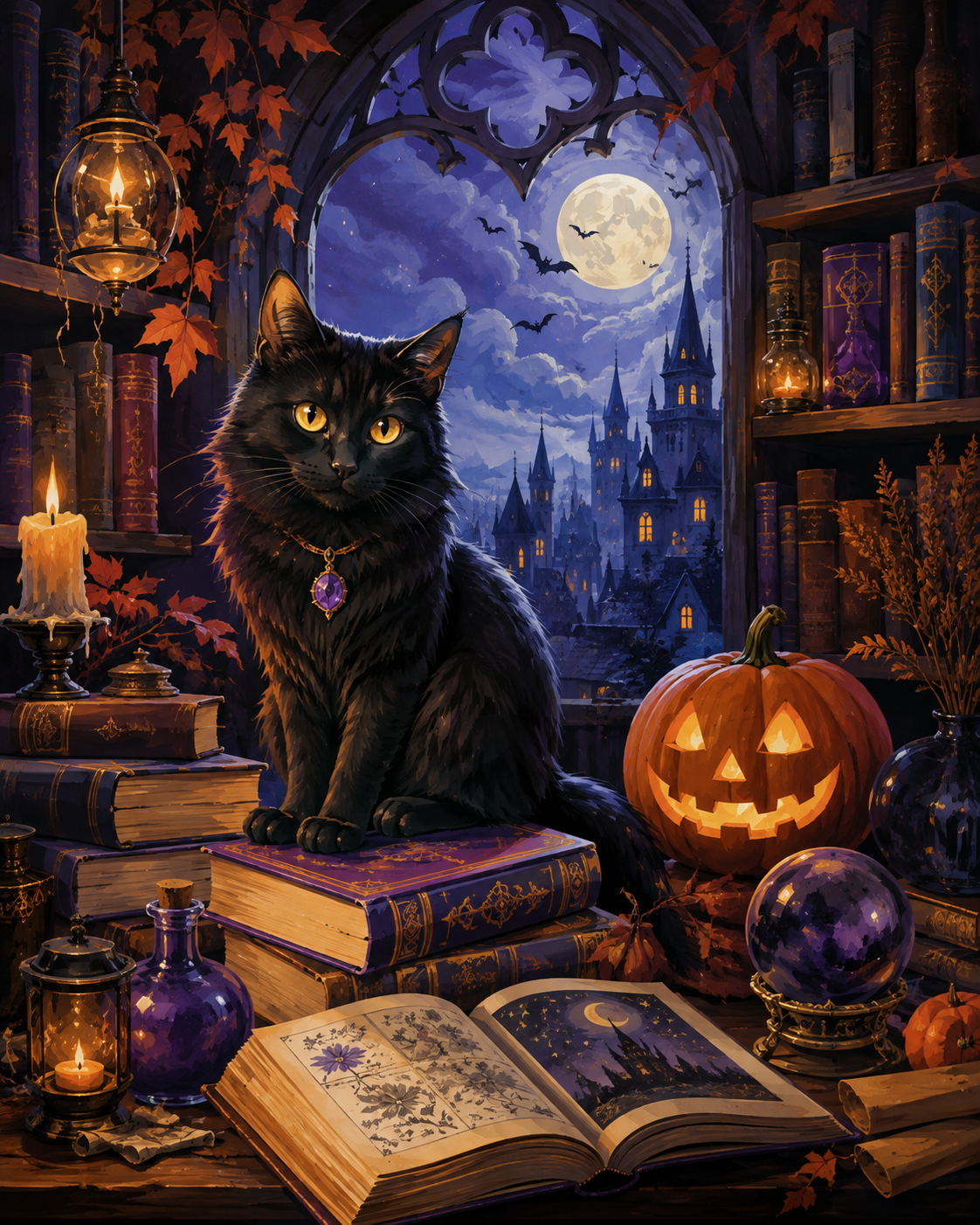 Malen nach Zahlen Die Katze in der Zauberbibliothek – Halloween-Motiv