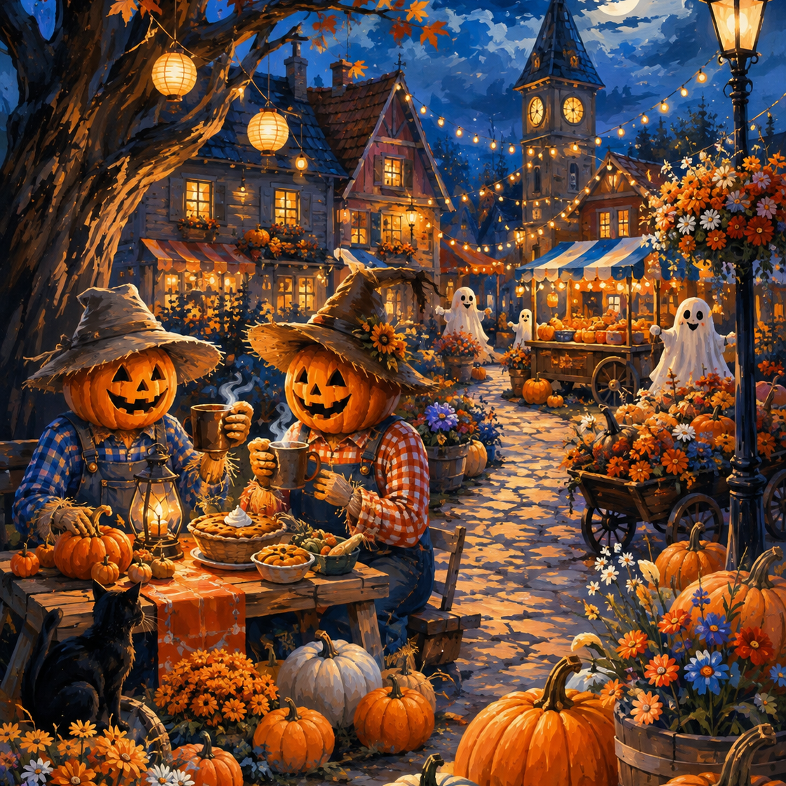 Malen nach Zahlen Erntefest im Kürbisdorf – Halloween-Motiv