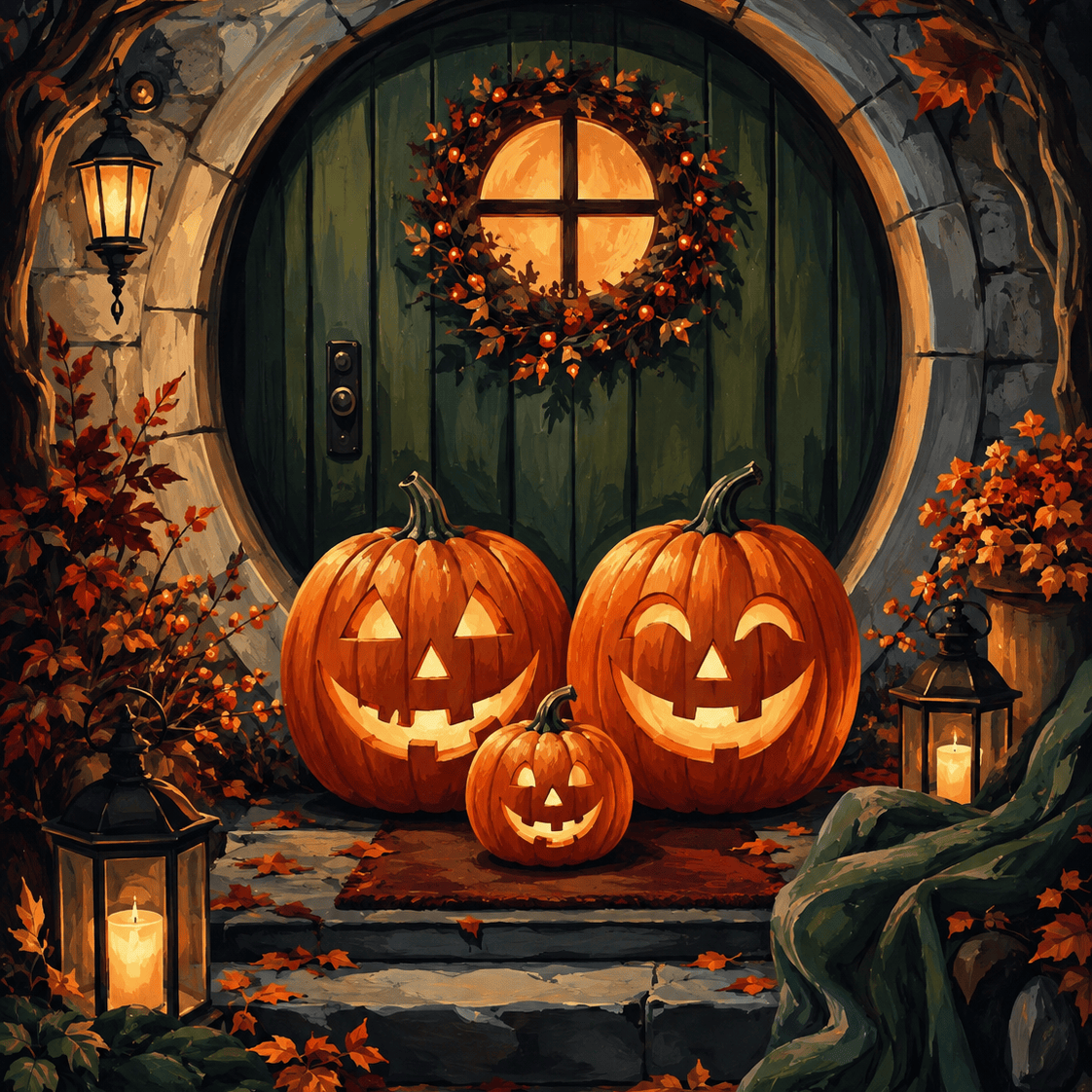 Malen nach Zahlen Familie Kürbis vor der Tür – Halloween-Motiv