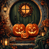 Malen nach Zahlen Familie Kürbis vor der Tür – Halloween-Motiv