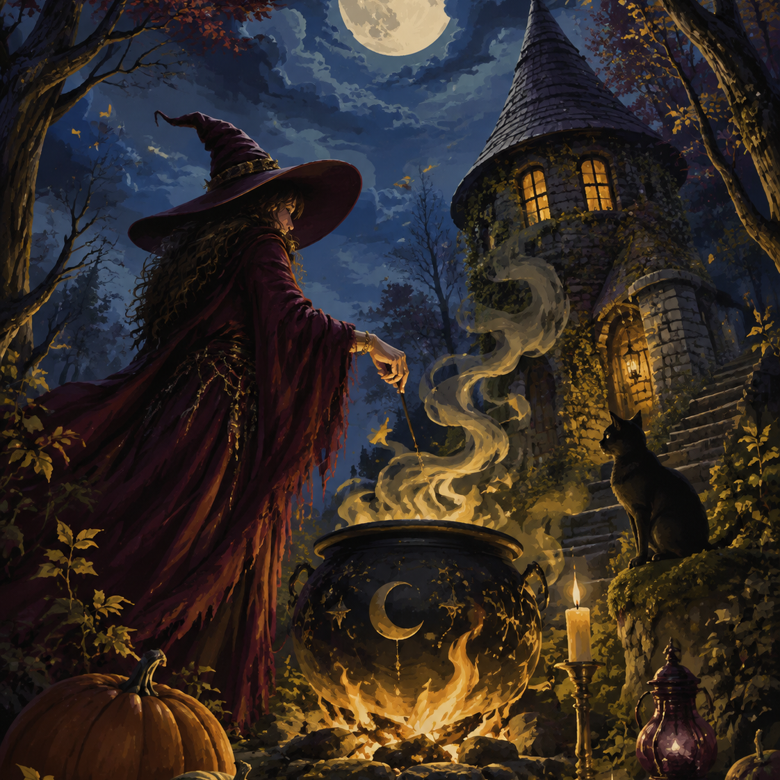 Malen nach Zahlen Feuerstelle der Waldhexe – Halloween-Motiv