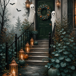 Malen nach Zahlen Fröhlicher Spuk an der Haustür – Halloween-Motiv