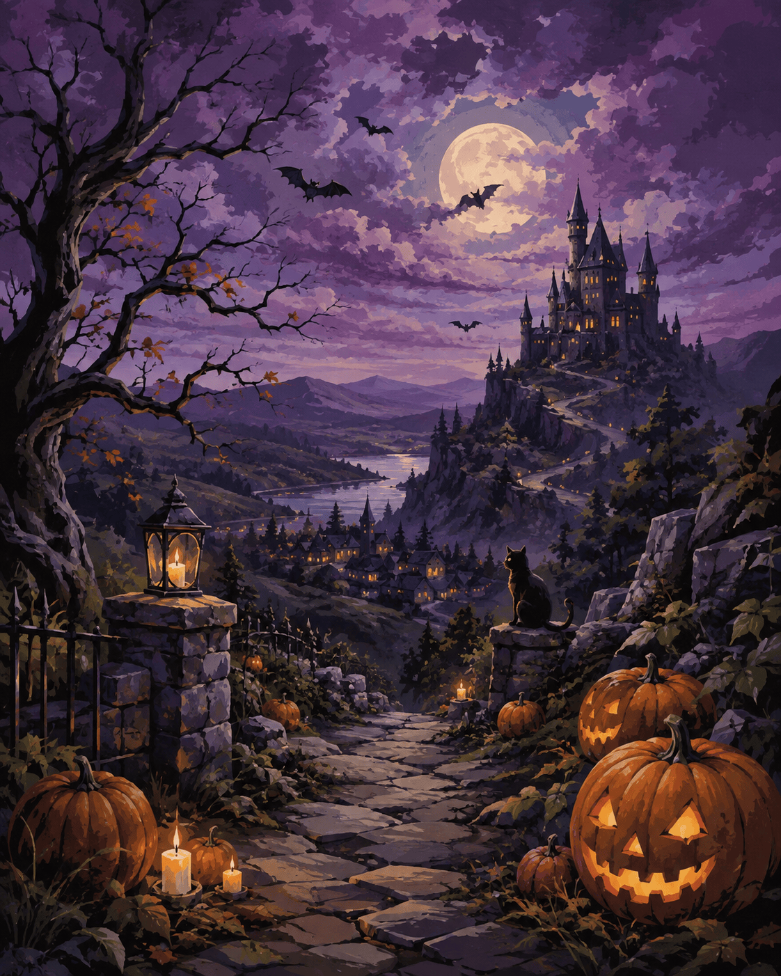 Malen nach Zahlen Halloween unter violetten Wolken – Halloween-Motiv