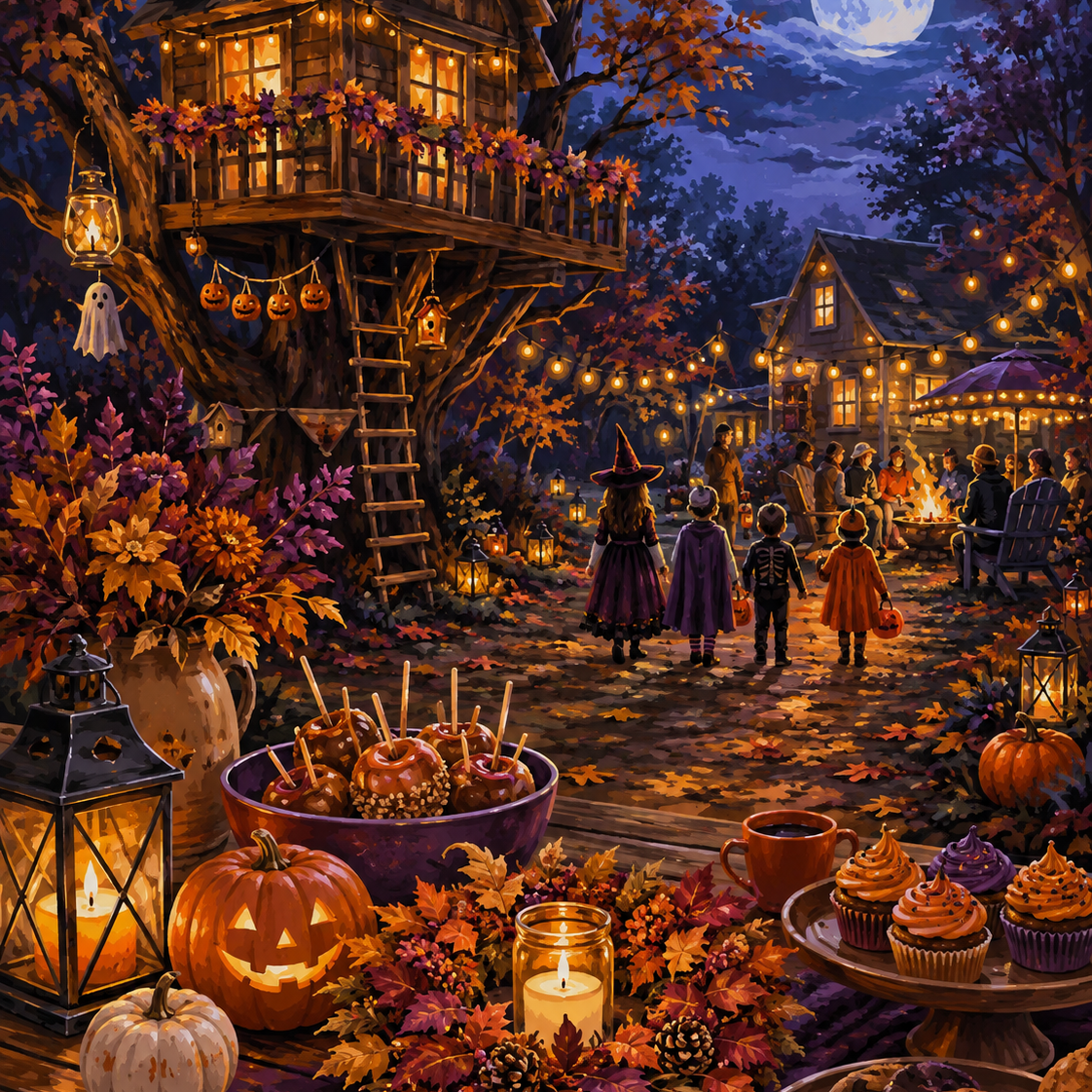 Malen nach Zahlen Herbstabend im Baumhausgarten – Halloween-Motiv