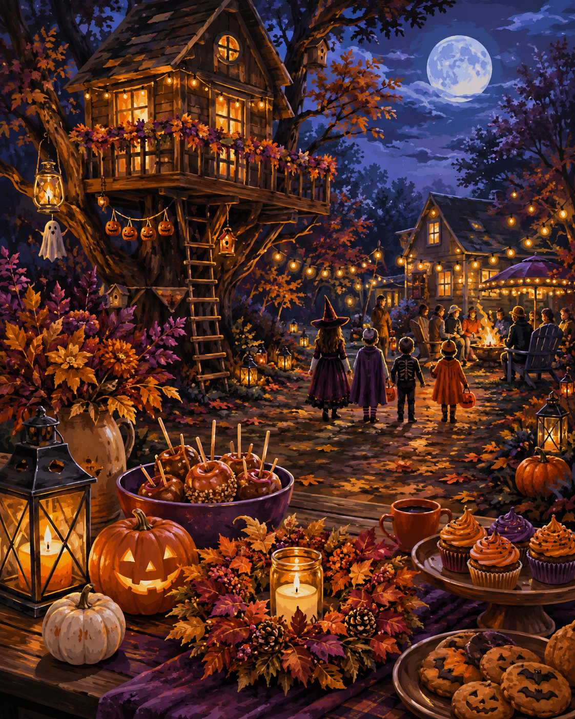 Malen nach Zahlen Herbstabend im Baumhausgarten – Halloween-Motiv