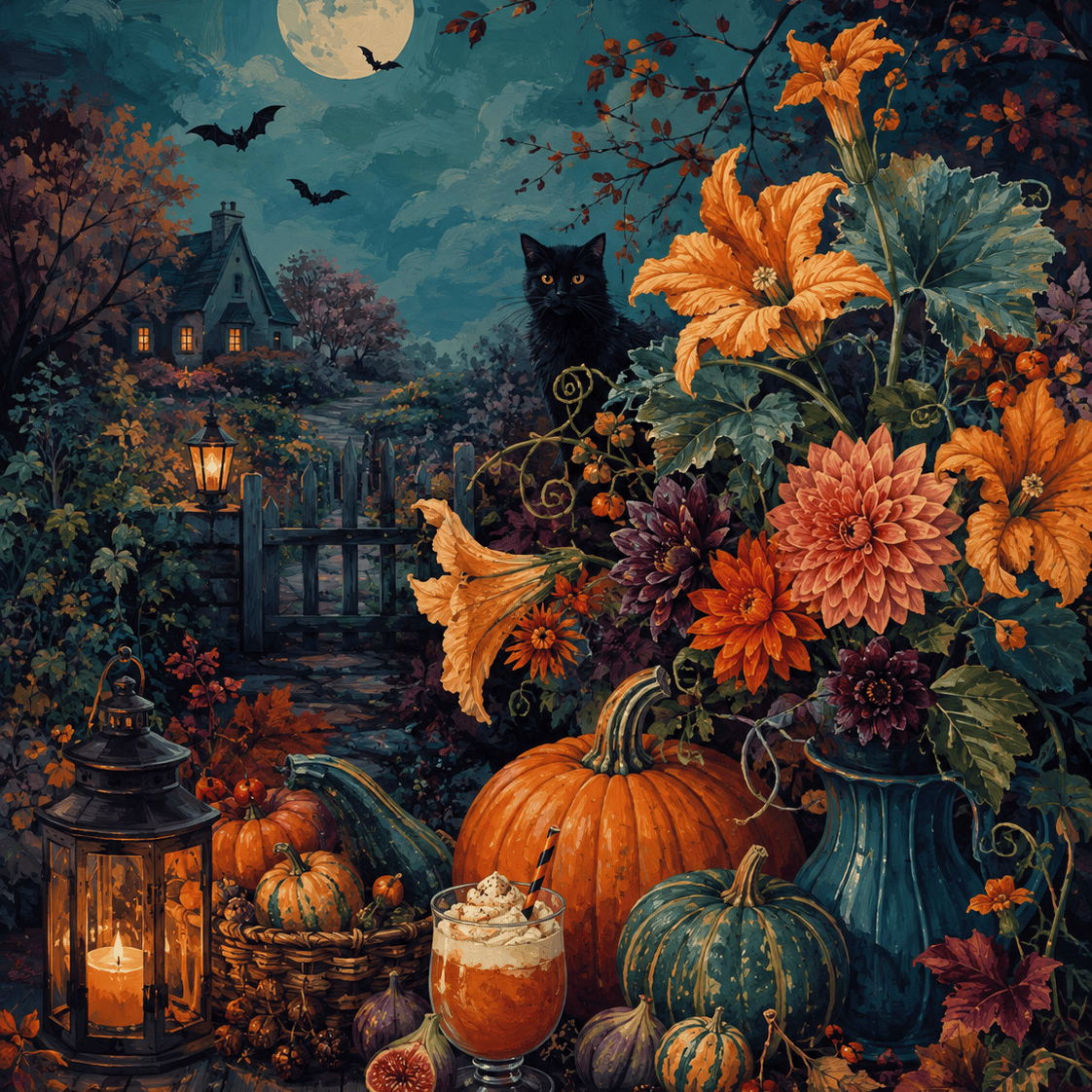 Malen nach Zahlen Herbsternte mit Kürbisblüten – Halloween-Motiv