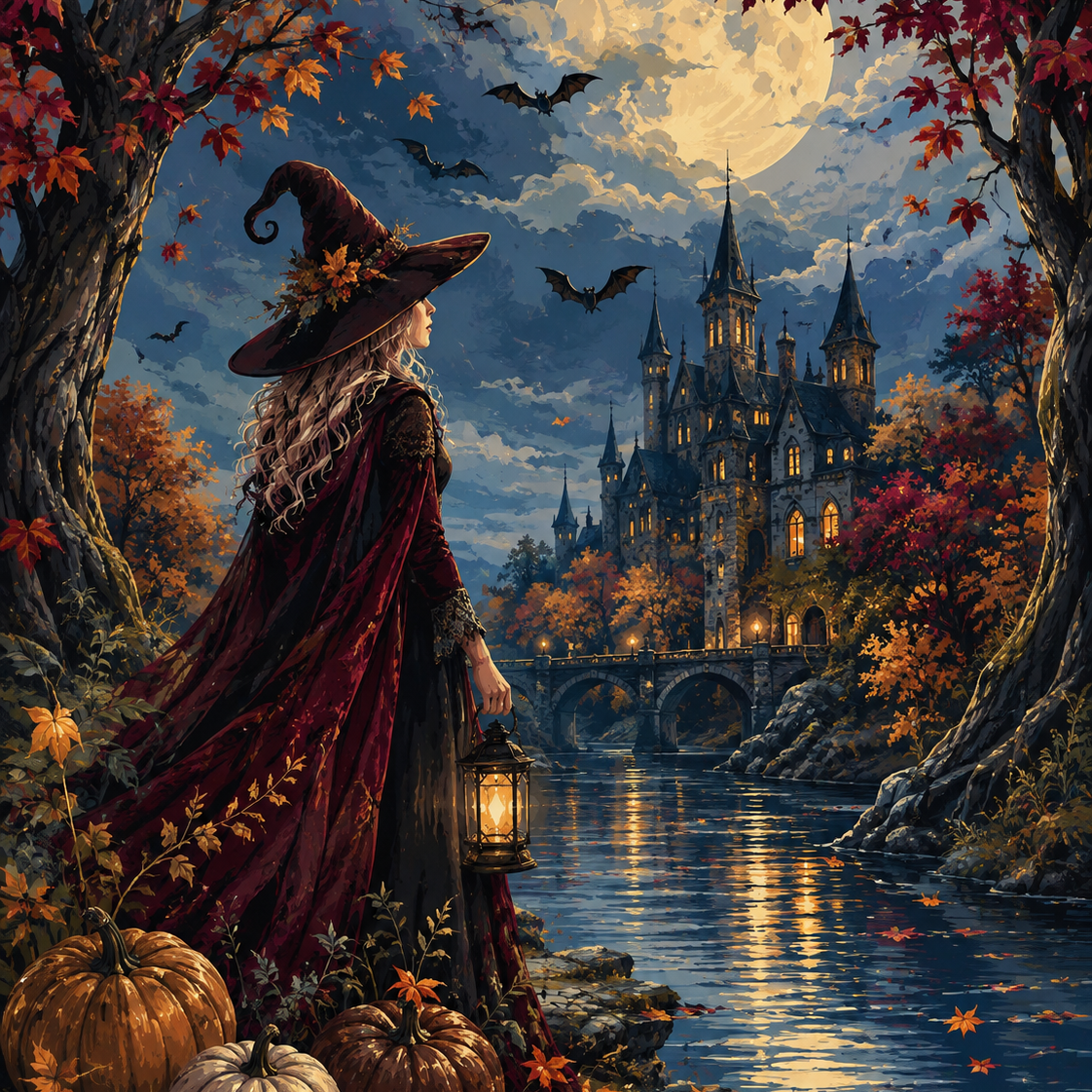 Malen nach Zahlen Herbsthexe am Fluss – Halloween-Motiv