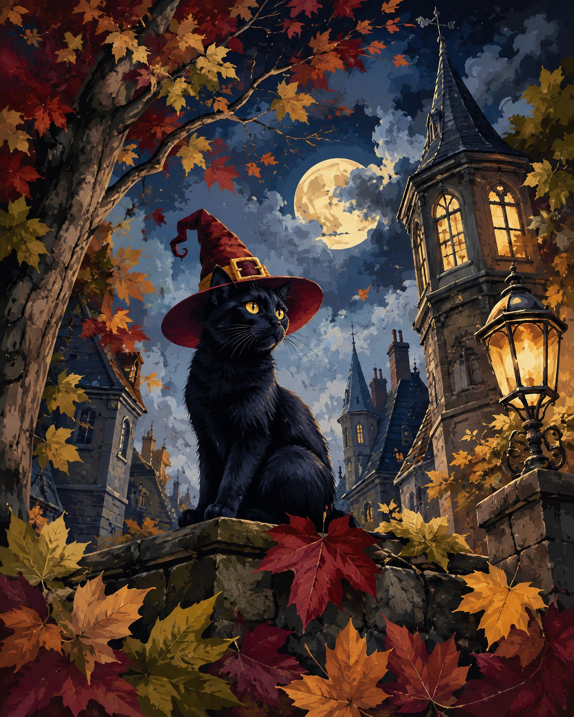 Malen nach Zahlen Hut, Katze und Herbstlaub – Halloween-Motiv