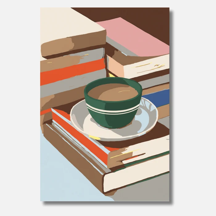 Kaffeepause als Malen-nach-Zahlen-Motiv mit Kaffee und Büchern