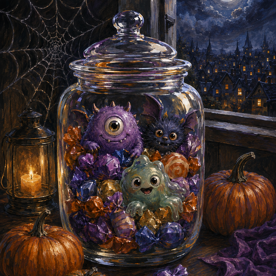 Malen nach Zahlen Kleine Monster im Bonbonglas – Halloween-Motiv