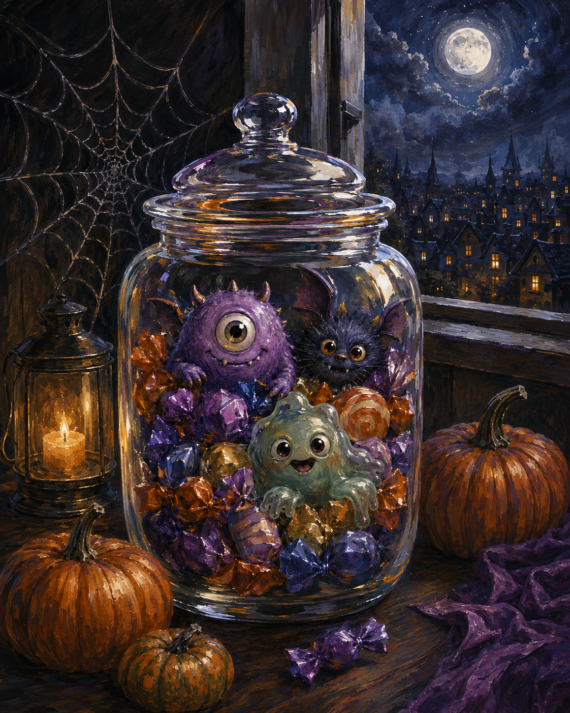 Malen nach Zahlen Kleine Monster im Bonbonglas – Halloween-Motiv