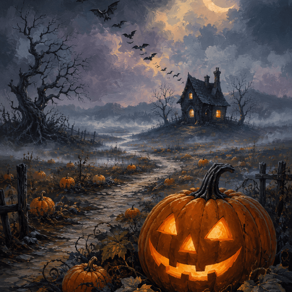 Malen nach Zahlen Kürbisnacht im Nebelmoor – Halloween-Motiv