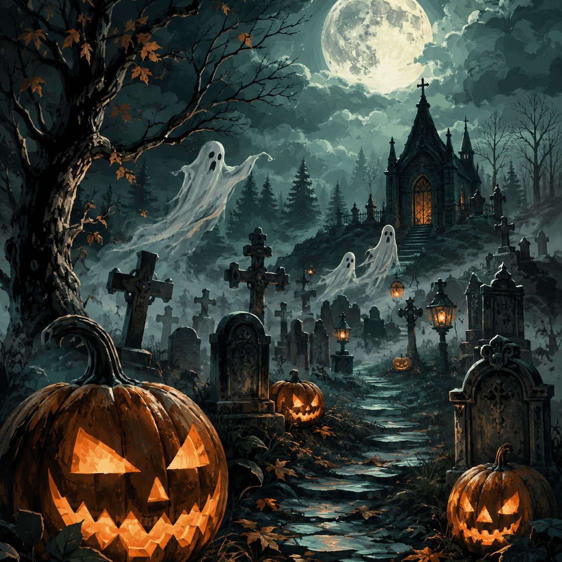 Malen nach Zahlen Mitternacht auf dem Geisterfriedhof – Halloween-Motiv