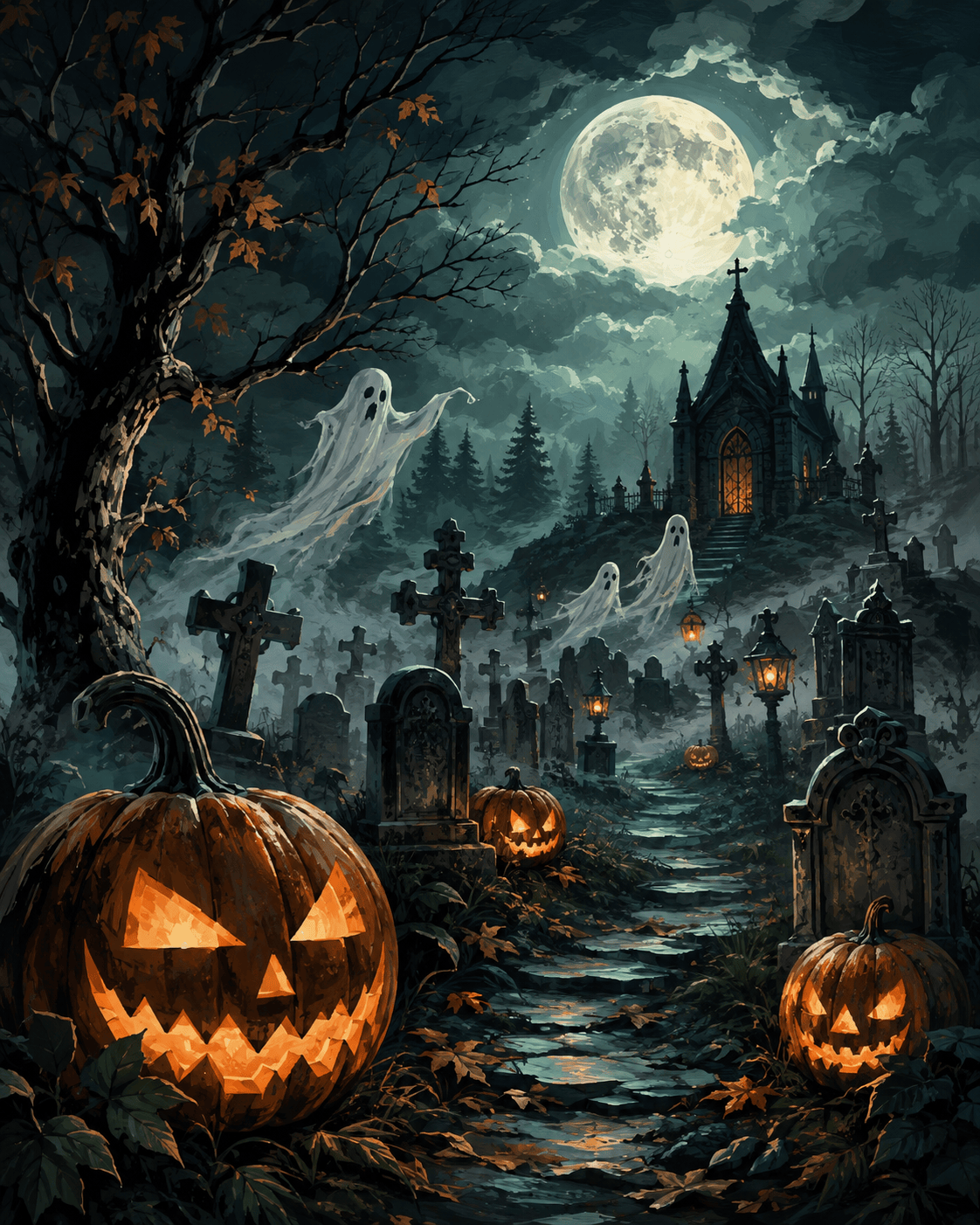 Malen nach Zahlen Mitternacht auf dem Geisterfriedhof – Halloween-Motiv
