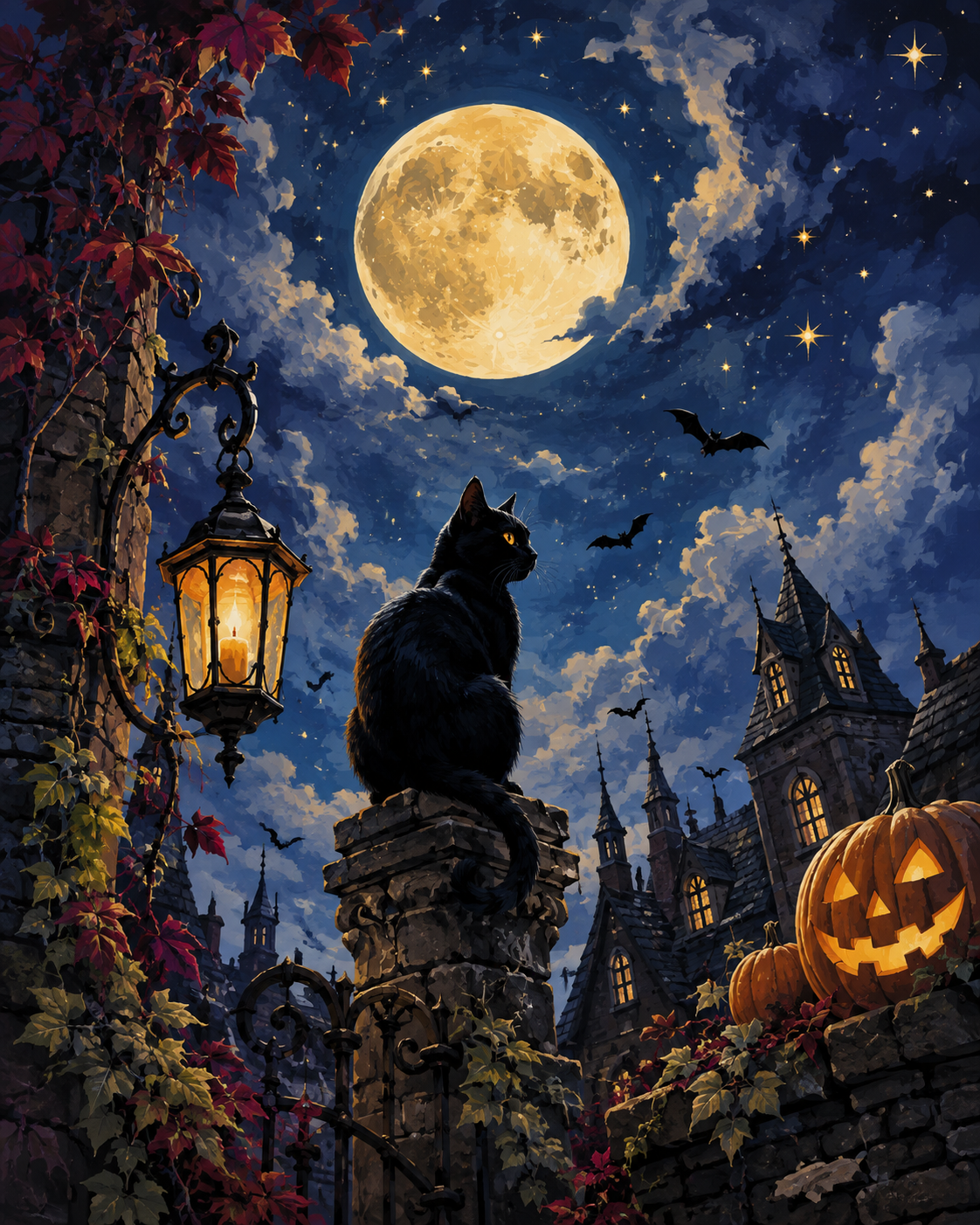 Malen nach Zahlen Mondkatze zwischen Sternen – Halloween-Motiv