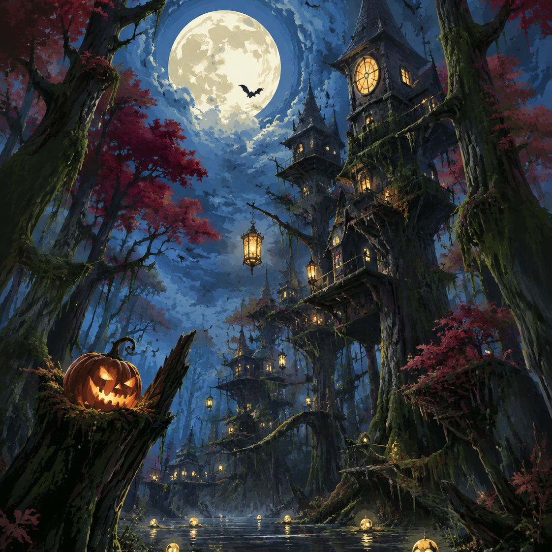 Malen nach Zahlen Neonlicht im Sumpfwald – Halloween-Motiv