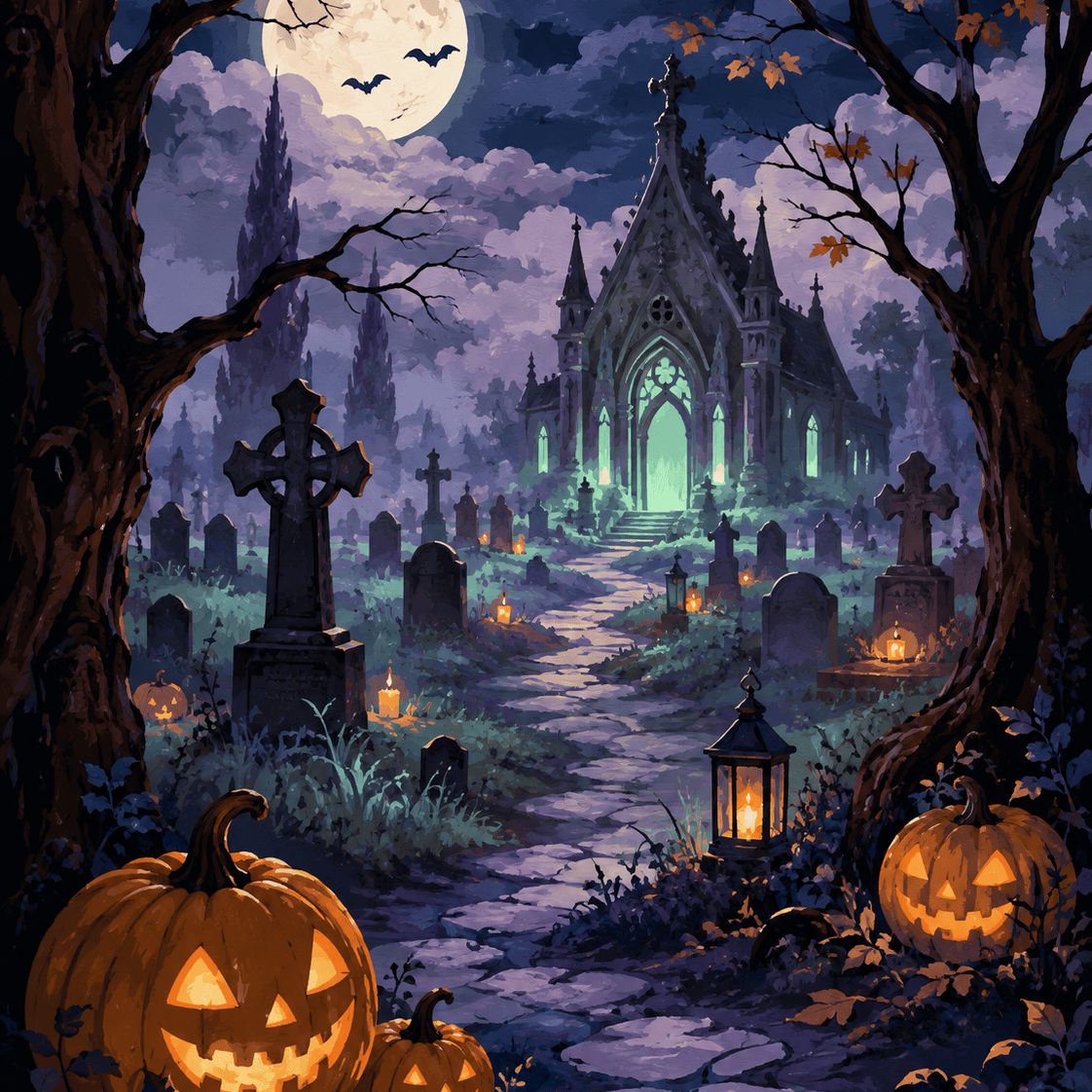 Malen nach Zahlen Neonlichter auf dem Friedhof – Halloween-Motiv