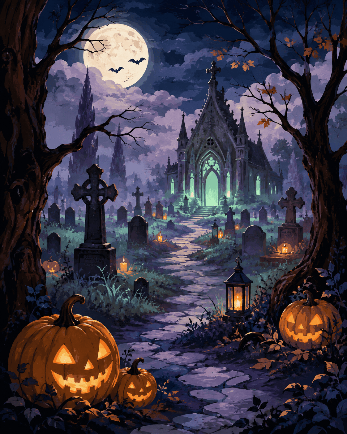 Malen nach Zahlen Neonlichter auf dem Friedhof – Halloween-Motiv