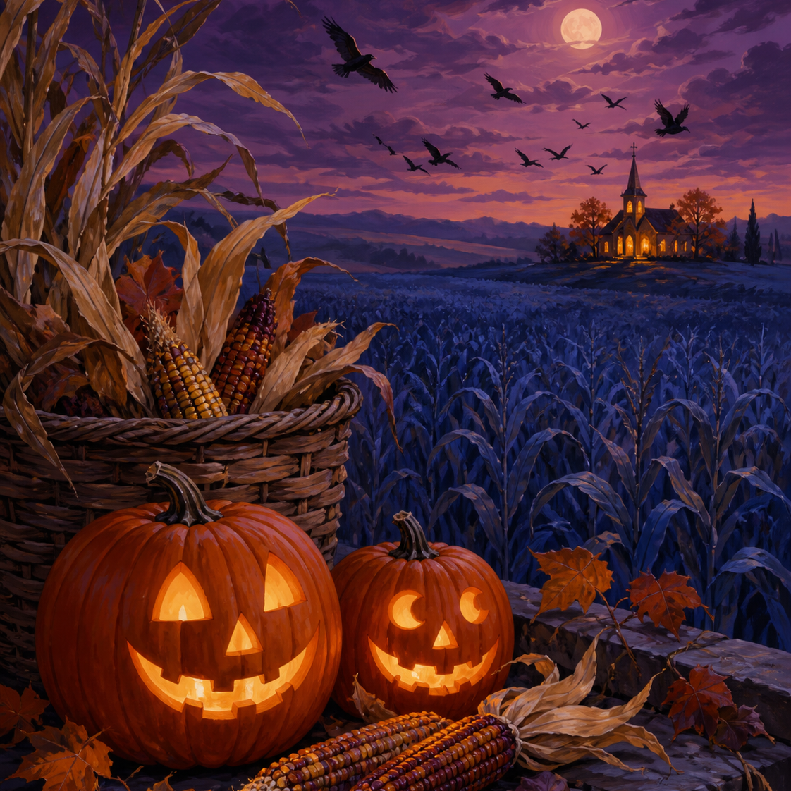 Malen nach Zahlen Oktoberdämmerung über dem Kornfeld – Halloween-Motiv
