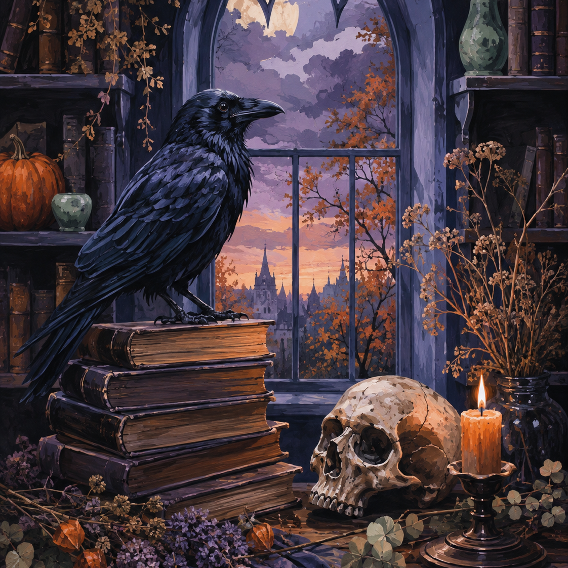 Malen nach Zahlen Rabe, Bücher und alter Schädel – Halloween-Motiv
