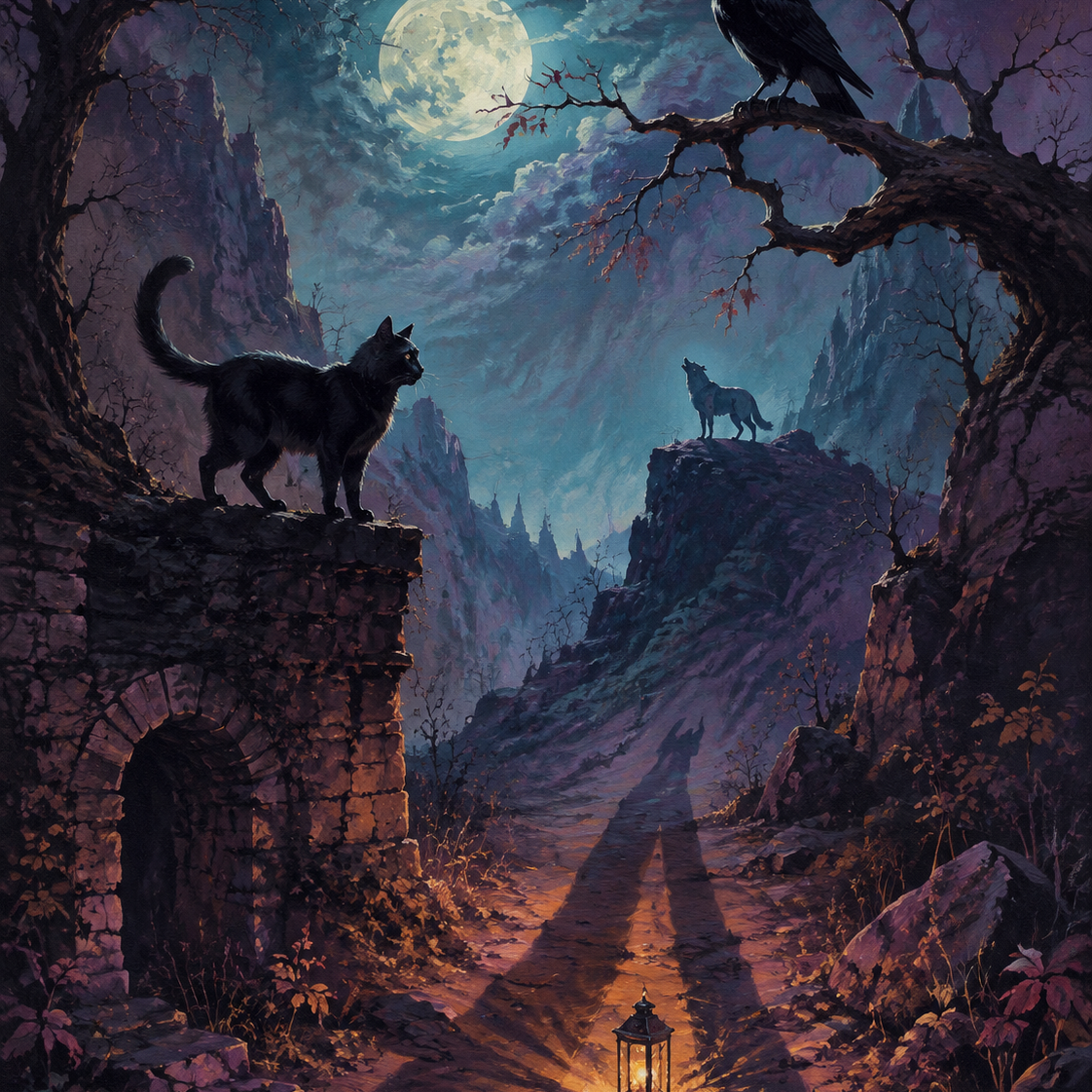 Malen nach Zahlen Schatten von Katze, Rabe und Wolf – Halloween-Motiv