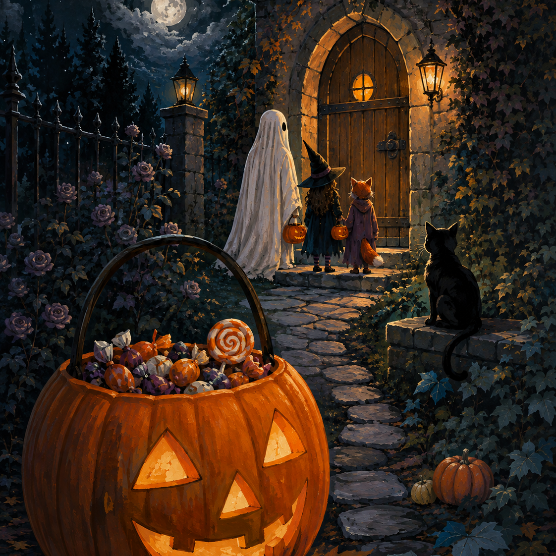 Malen nach Zahlen Süßes oder Saures an der alten Tür – Halloween-Motiv