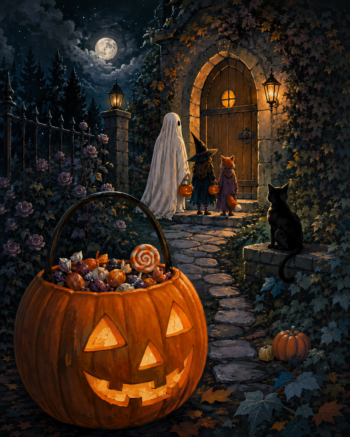 Malen nach Zahlen Süßes oder Saures an der alten Tür – Halloween-Motiv