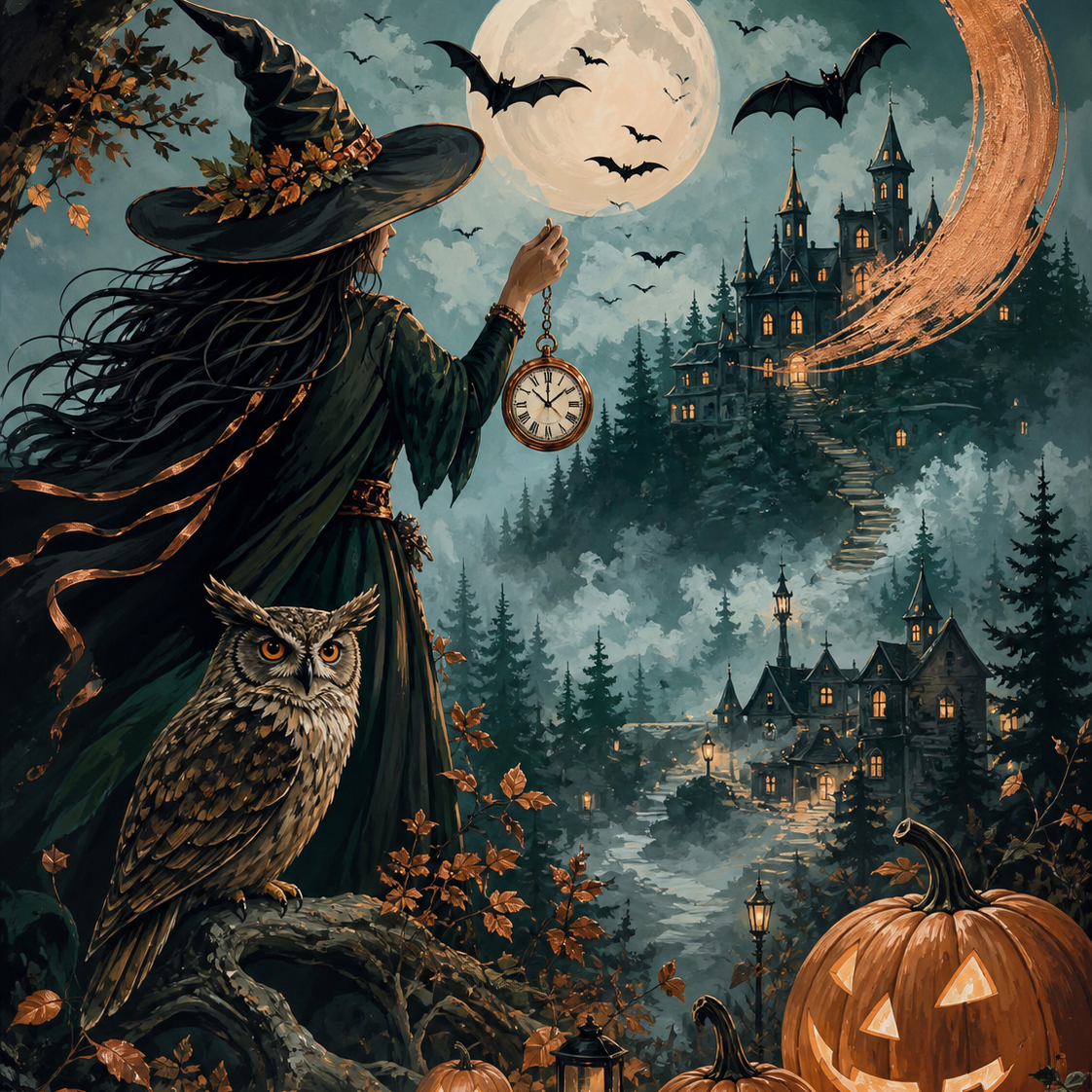Malen nach Zahlen Wenn die Hexenuhr schlägt – Halloween-Motiv