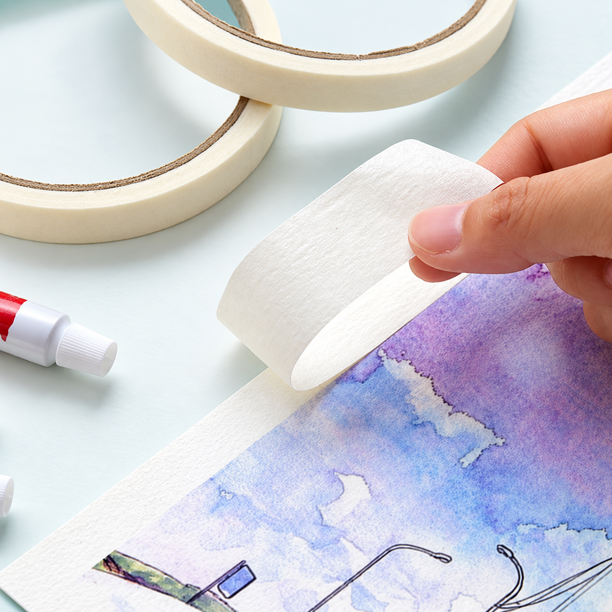 Abklebeband wird vom Rand eines violett-blauen Aquarells abgezogen.