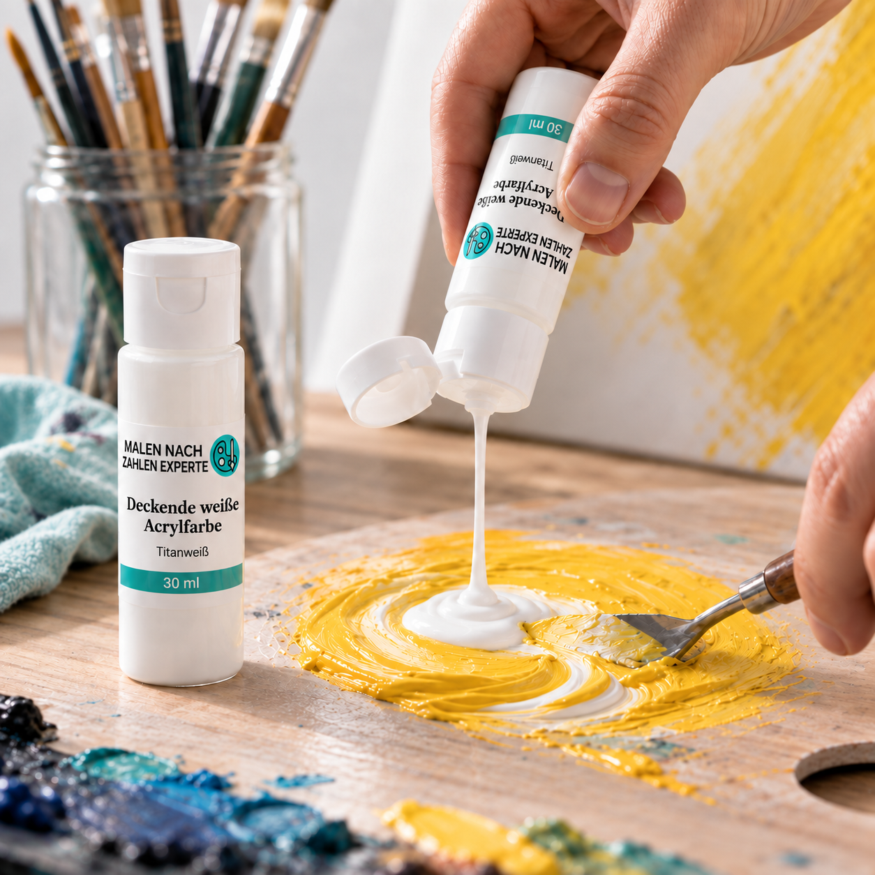 Titanweiße Acrylfarbe von Malen nach Zahlen Experte wird auf einer Palette mit gelber Farbe vermischt