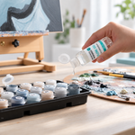 Eine Hand gibt einen Tropfen Flow Aid in einen offenen Acrylfarbtopf.