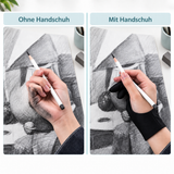 Vergleich beim Zeichnen ohne Handschuh und mit schwarzem Künstlerhandschuh